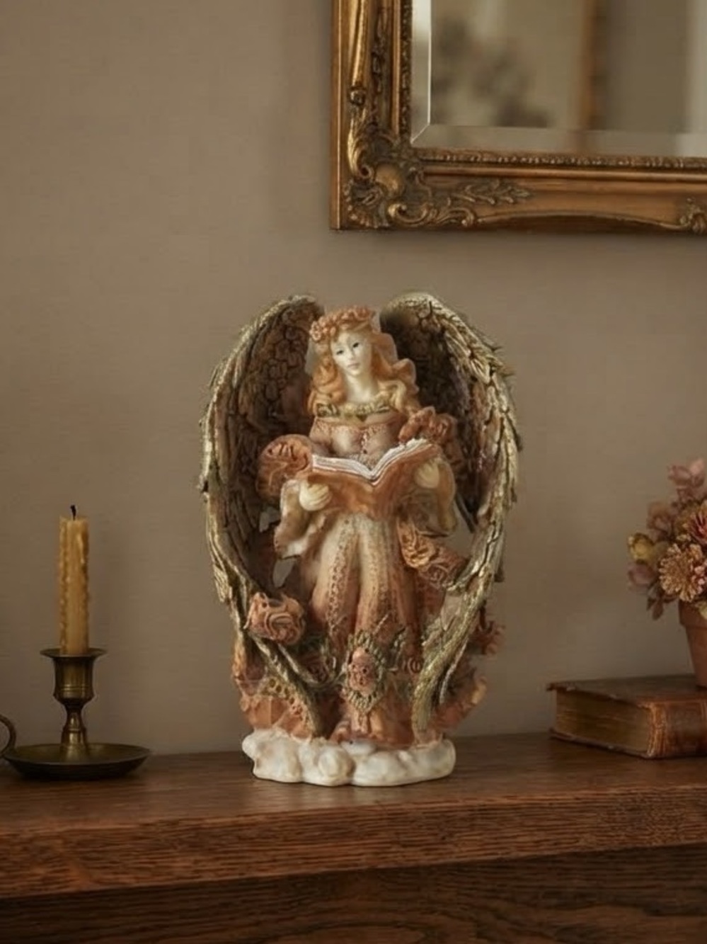 Vintage Elegant Angel Figurine with Book - Brown and Gold (resin)